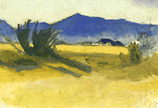 landskap med blånande bergskedja